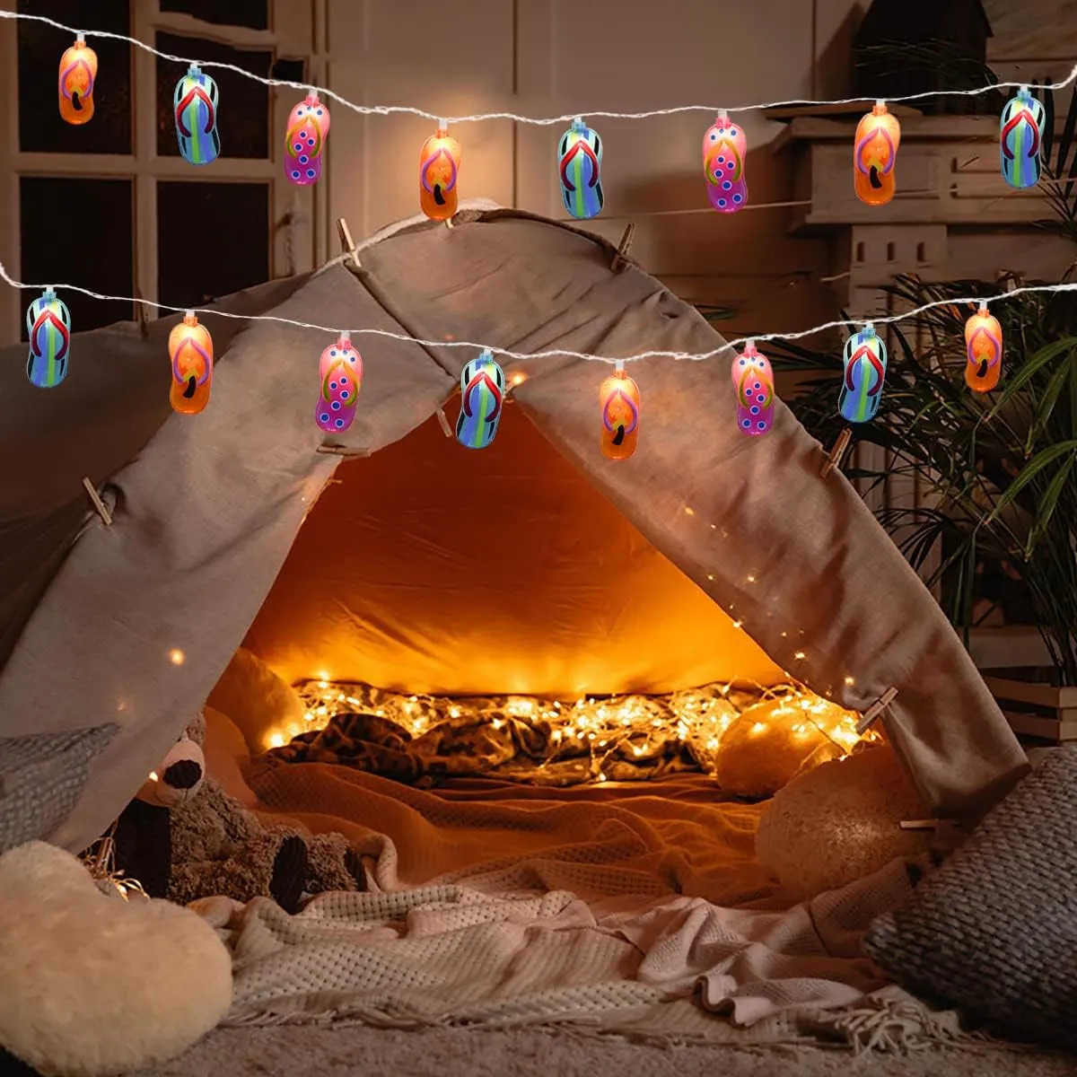 Flip Flop Outdoor Lights 8.5Ft Slipper String Light Tropical Beach Themed Decorations with 10 Flip Flops Lights, Fairy Light for Bedroom Wreathe Summer Kids Room Kindergarten Decor