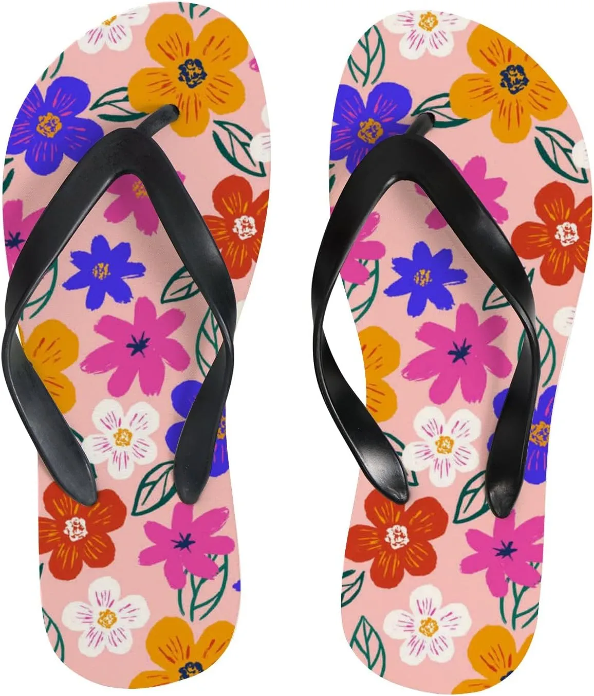 Flip Flops Floral Flowers Leaves Colorful Orange Navy Slide Sandals Summer Beach Slippers Thong Sandal Casual Yoga Mat Flat Slides for Women Men