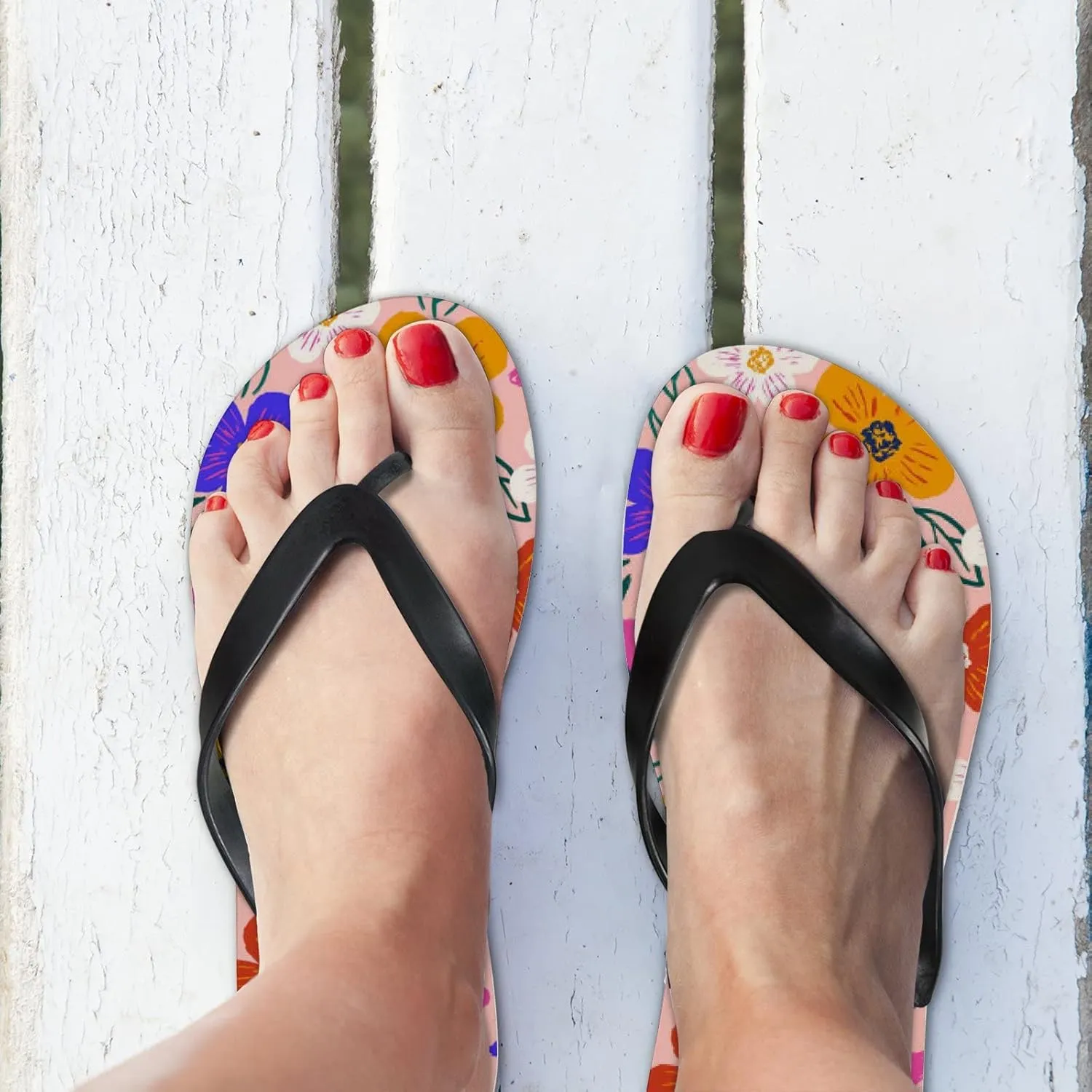 Flip Flops Floral Flowers Leaves Colorful Orange Navy Slide Sandals Summer Beach Slippers Thong Sandal Casual Yoga Mat Flat Slides for Women Men