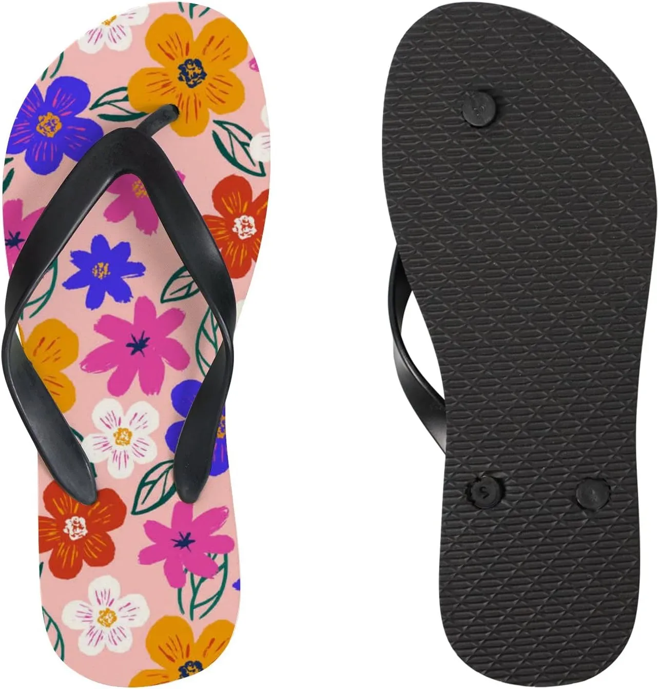 Flip Flops Floral Flowers Leaves Colorful Orange Navy Slide Sandals Summer Beach Slippers Thong Sandal Casual Yoga Mat Flat Slides for Women Men