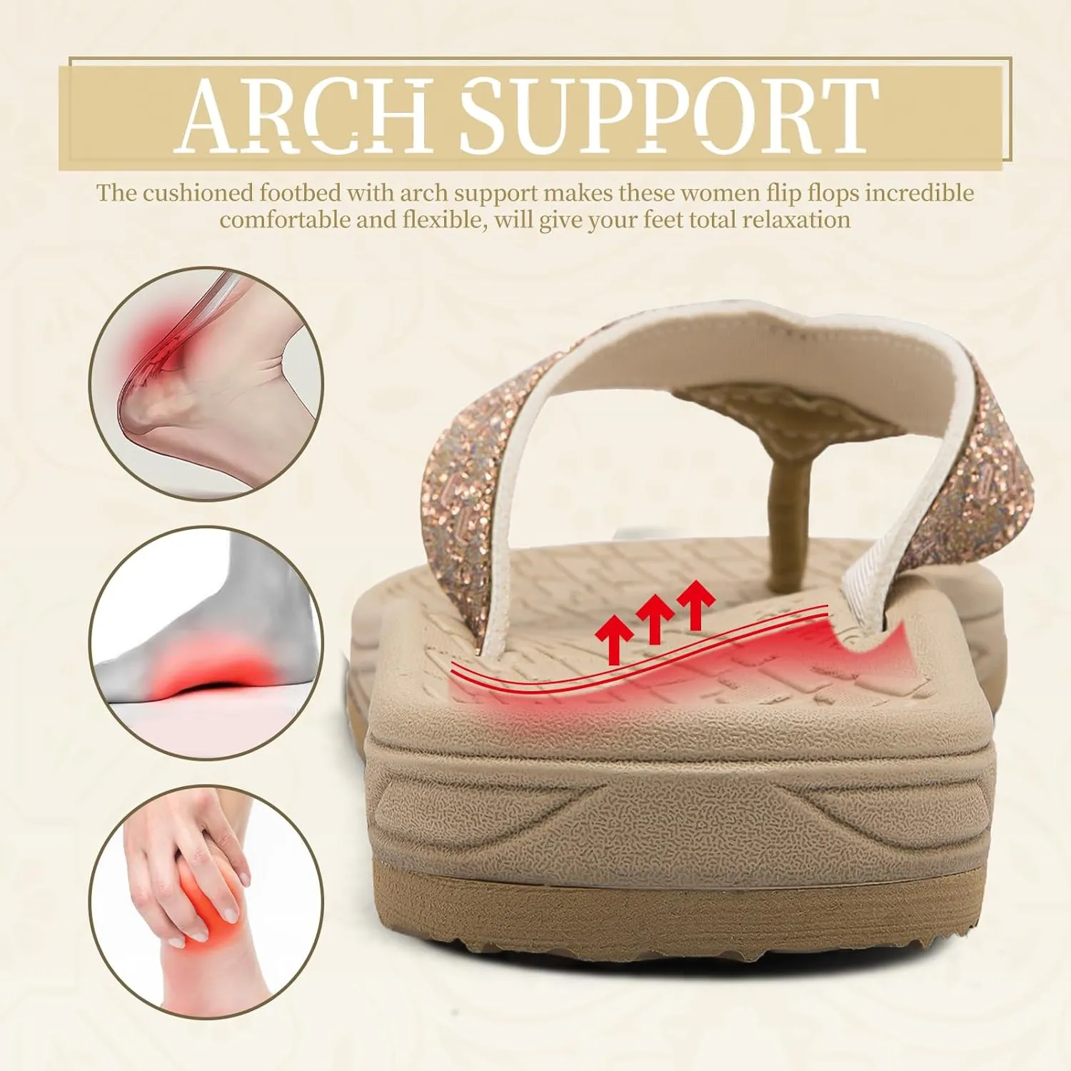 Flip Flops for Women with Arch Support Rhinestone Comfortable Summer Beach Walking Thong Sandals Orthotic Rubber Soles Flip Flop Slippers Slip On Indoor Outdoor
