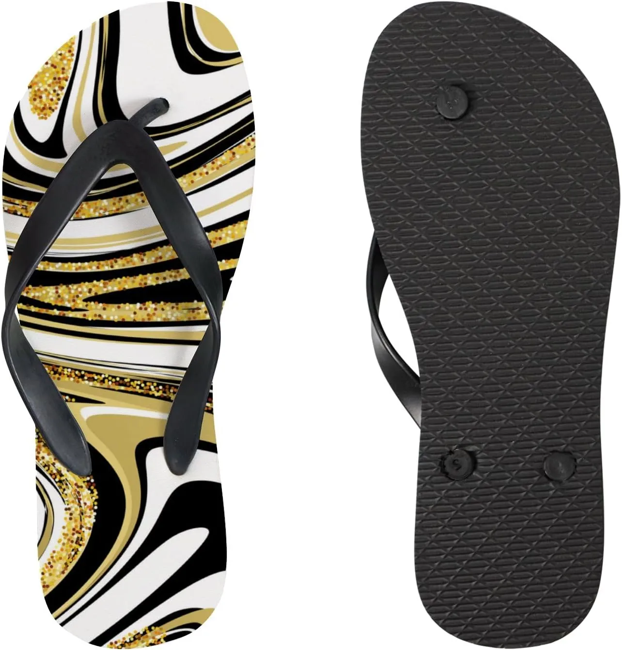 Flip Flops Sandals for Women Beach - Gold Black Marble Casual Flat Slide Sandal Thong Slippers Shower Shoes