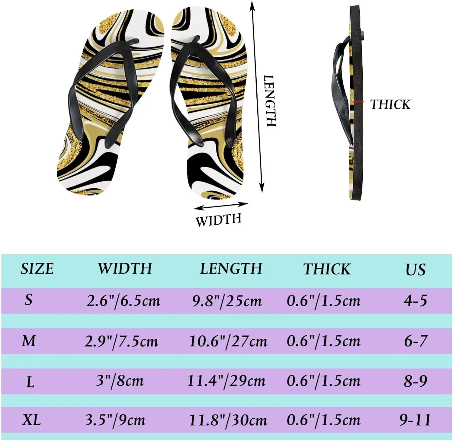 Flip Flops Sandals for Women Beach - Gold Black Marble Casual Flat Slide Sandal Thong Slippers Shower Shoes