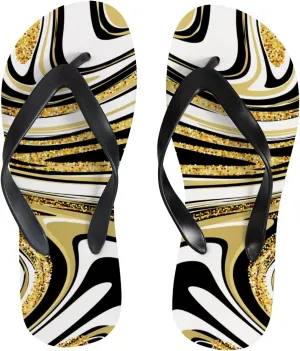 Flip Flops Sandals for Women Beach - Gold Black Marble Casual Flat Slide Sandal Thong Slippers Shower Shoes