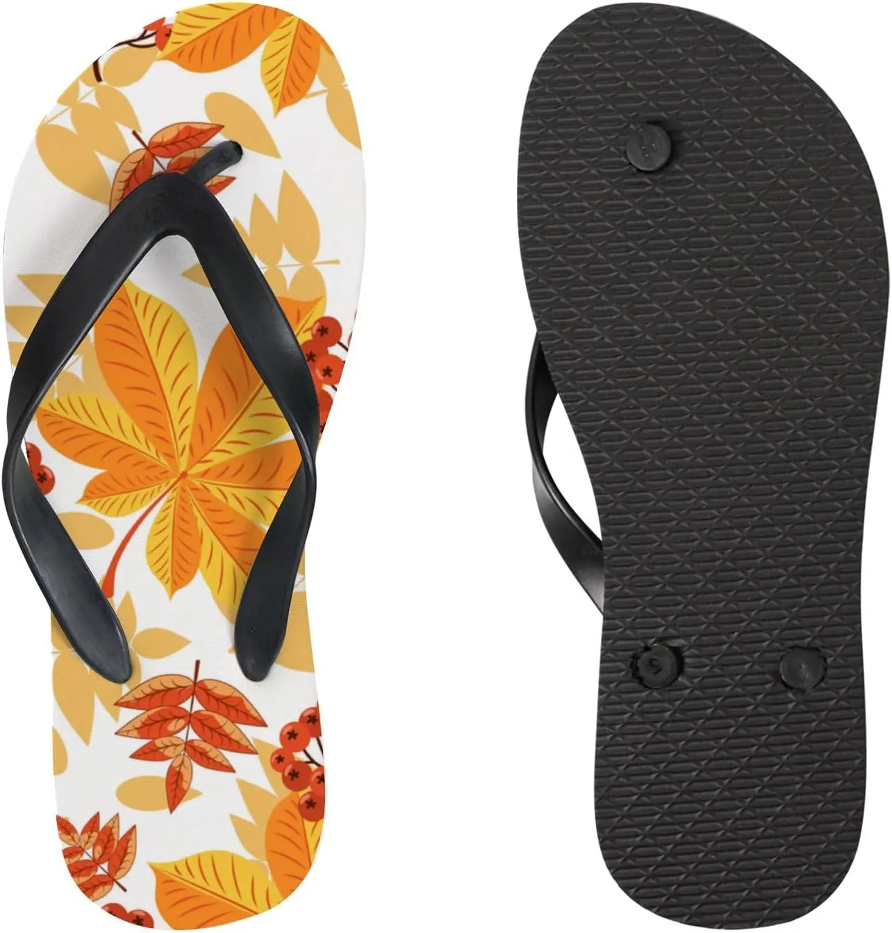 Flip Flops Sandals for Women Beach - Red Berries Autumn Leaves Casual Flat Slide Sandal Thong Slippers Shower Shoes