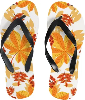 Flip Flops Sandals for Women Beach - Red Berries Autumn Leaves Casual Flat Slide Sandal Thong Slippers Shower Shoes