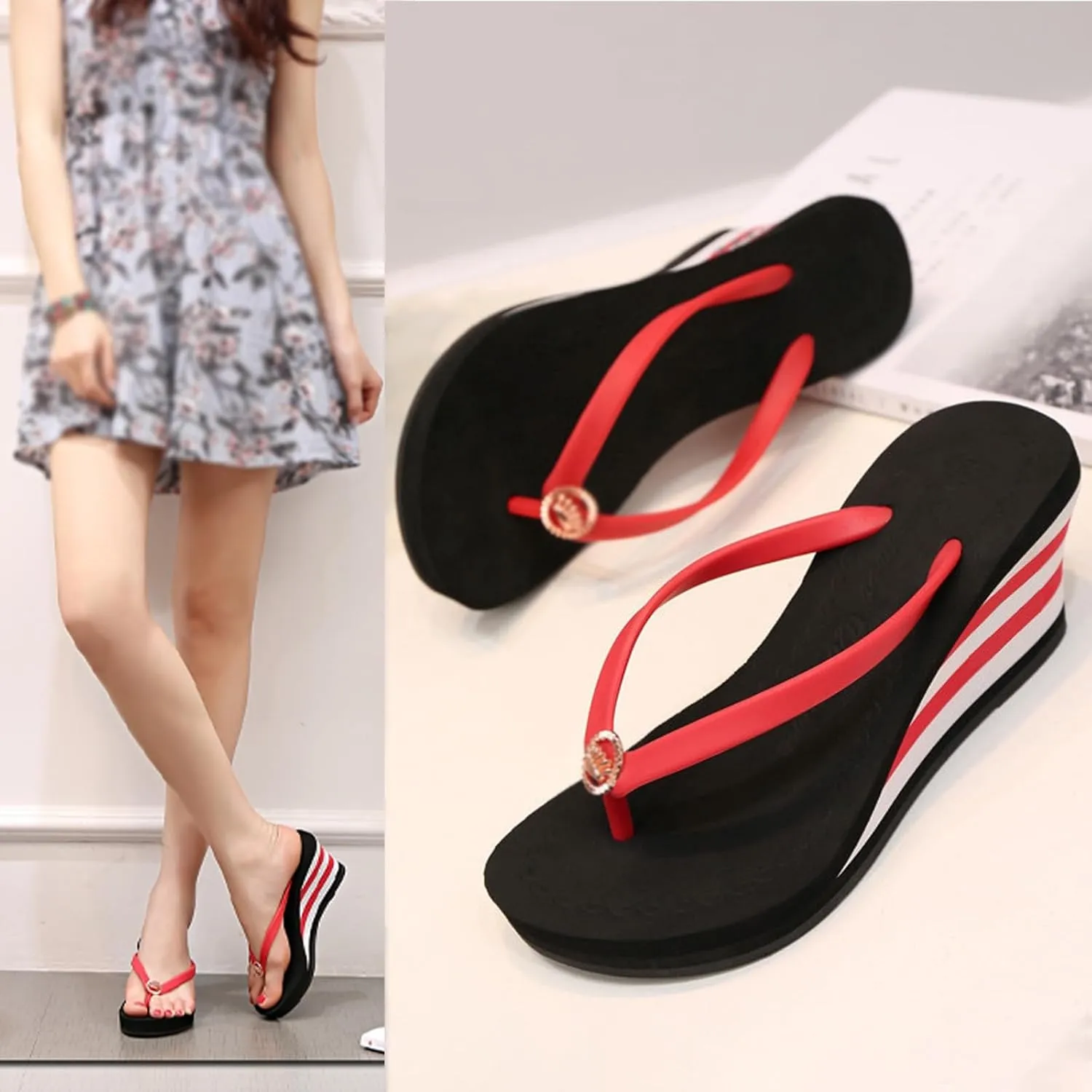 Flip Flops Sandals for Women Bling Rhinestones Jewel High Heel Arch Support Comfortable Soft Cushion Wedge Slip-on Casual Platform Summer Thong Sandals