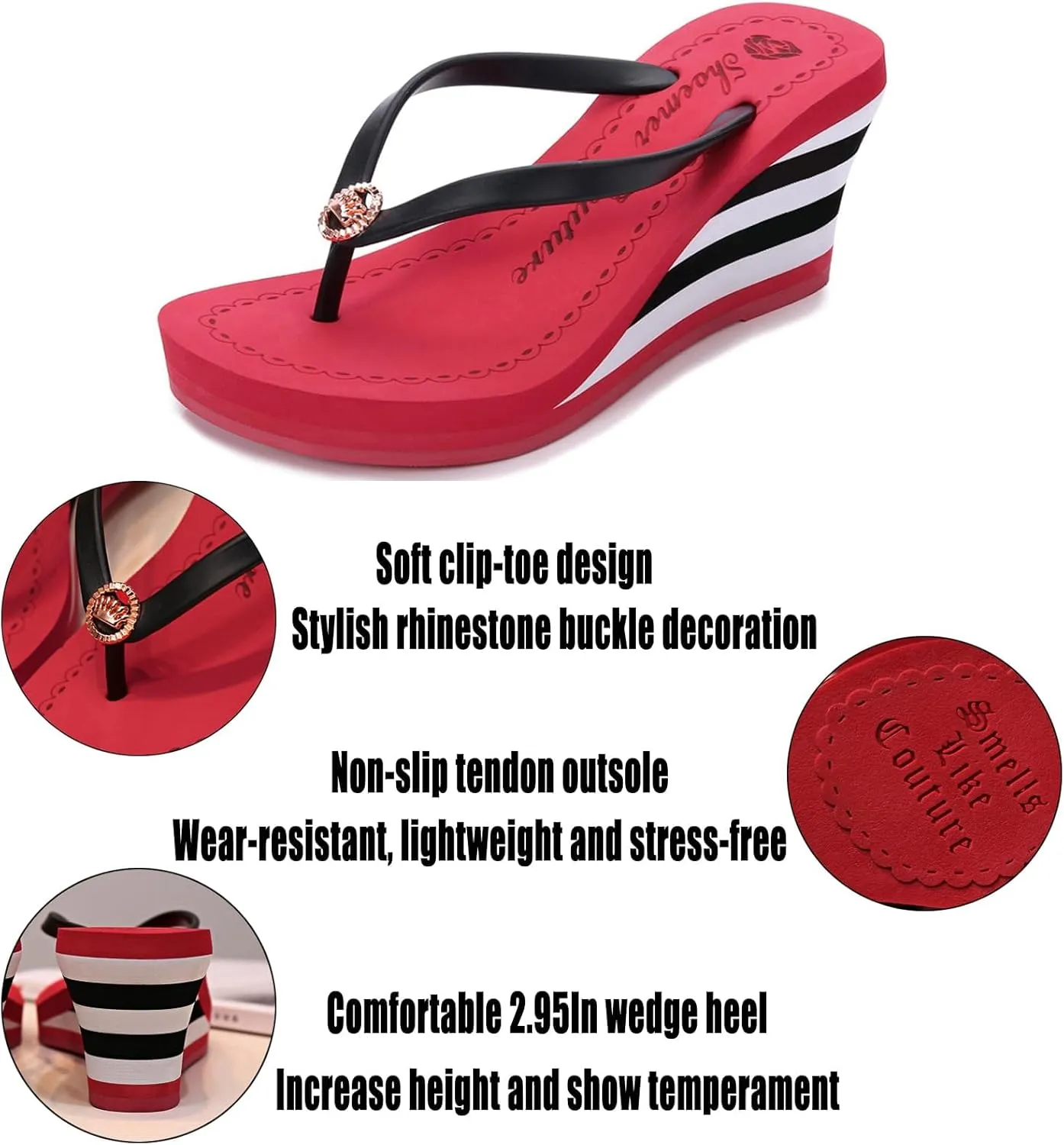 Flip Flops Sandals for Women Bling Rhinestones Jewel High Heel Arch Support Comfortable Soft Cushion Wedge Slip-on Casual Platform Summer Thong Sandals