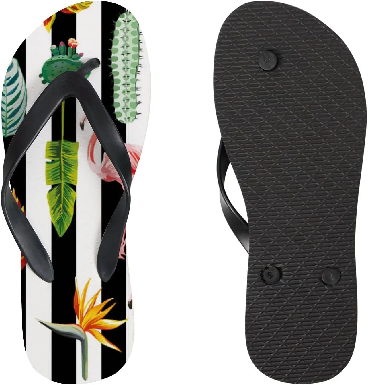Flip Flops Tropical Flamingo Cactus Leaves Striped Vintage Summer Spring Birds Slide Sandals Summer Beach Slippers Thong Sandal Casual Yoga Mat Flat Slides for Women Men
