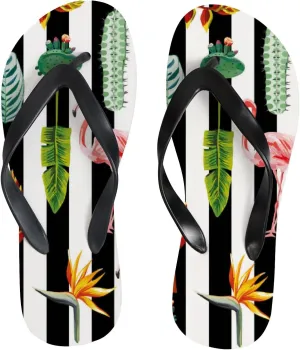 Flip Flops Tropical Flamingo Cactus Leaves Striped Vintage Summer Spring Birds Slide Sandals Summer Beach Slippers Thong Sandal Casual Yoga Mat Flat Slides for Women Men