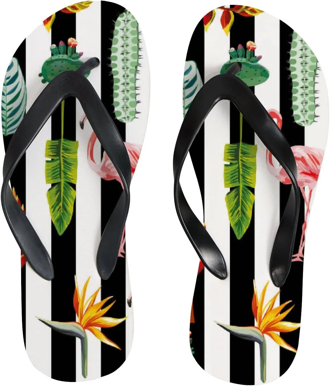 Flip Flops Tropical Flamingo Cactus Leaves Striped Vintage Summer Spring Birds Slide Sandals Summer Beach Slippers Thong Sandal Casual Yoga Mat Flat Slides for Women Men