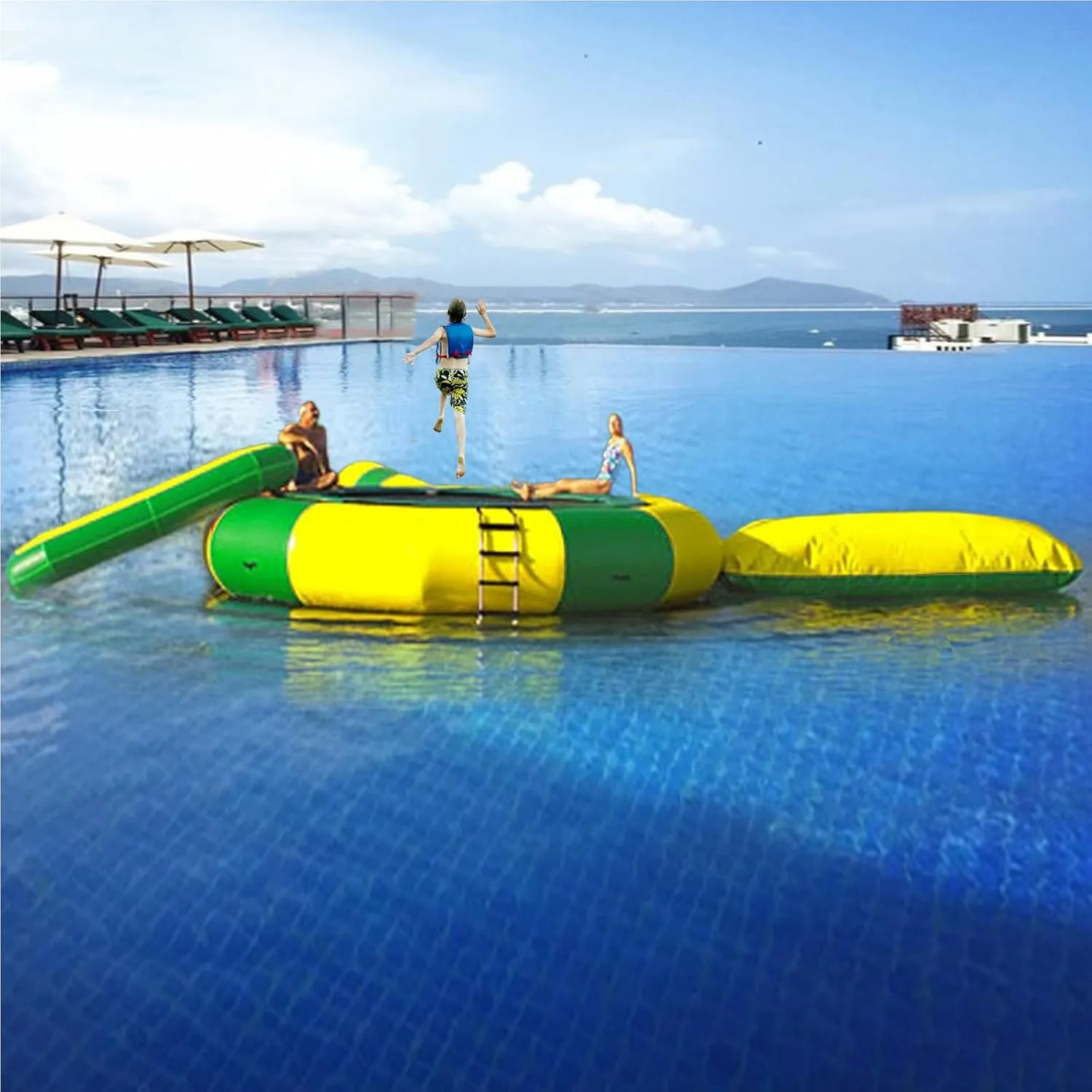 Floating Water Trampoline with Slides/Tube/Diving Pillow Bag, Recreational Inflatable Trampoline Bouncing Bed Water Play Park for Lakes, Pools, Calm Sea