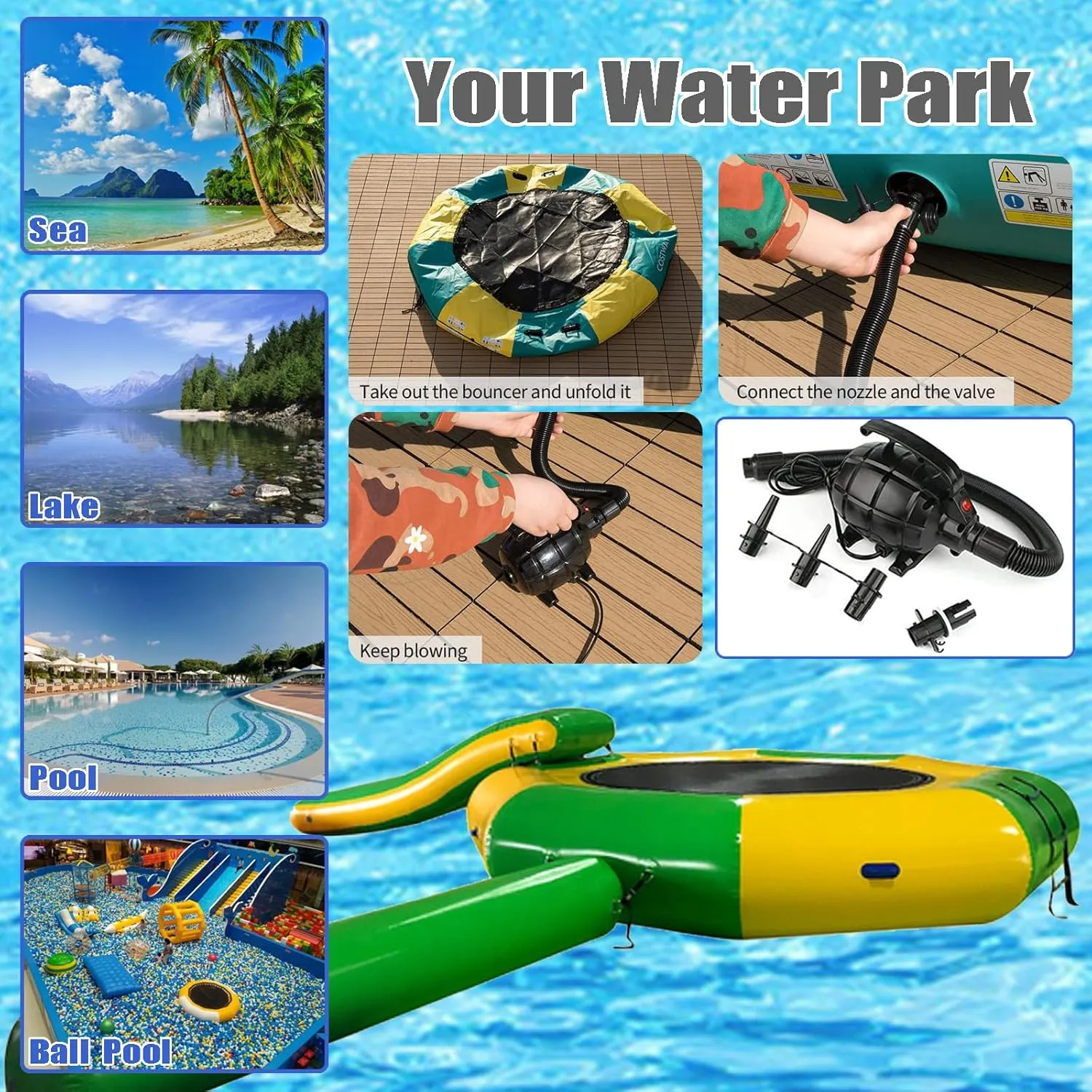 Floating Water Trampoline with Slides/Tube/Diving Pillow Bag, Recreational Inflatable Trampoline Bouncing Bed Water Play Park for Lakes, Pools, Calm Sea