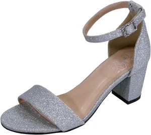 Floral Adele Women's Wide Width Satin Glitter Block Heel Ankle Strap Sandals