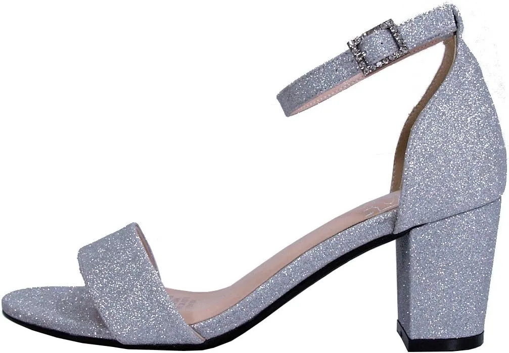 Floral Adele Women's Wide Width Satin Glitter Block Heel Ankle Strap Sandals