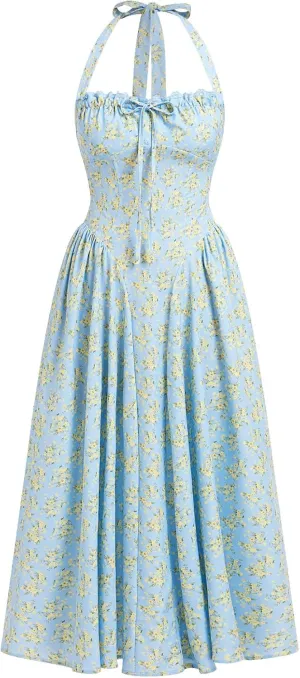 Floral Corset Dress Solid Long Dress Sleeveless Halter Low Cut Dress Open Back Bustier Midi Dress Summer
