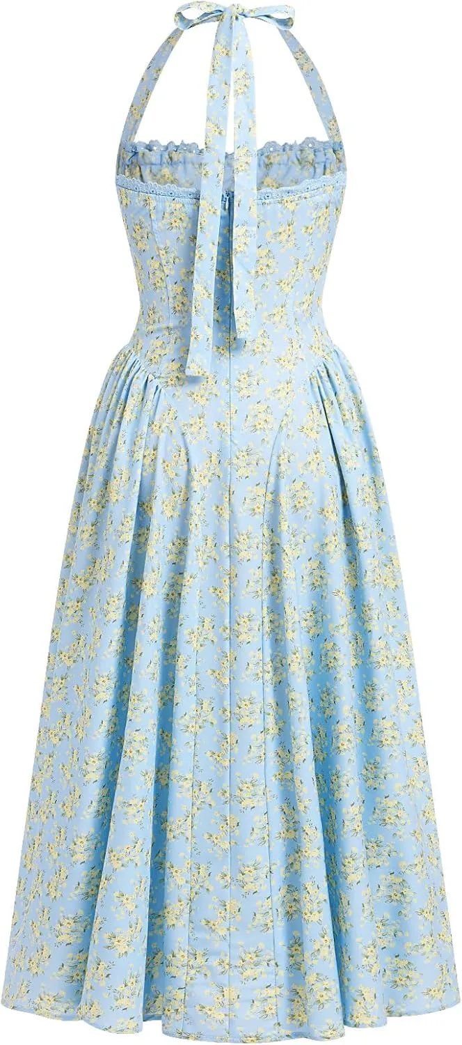 Floral Corset Dress Solid Long Dress Sleeveless Halter Low Cut Dress Open Back Bustier Midi Dress Summer