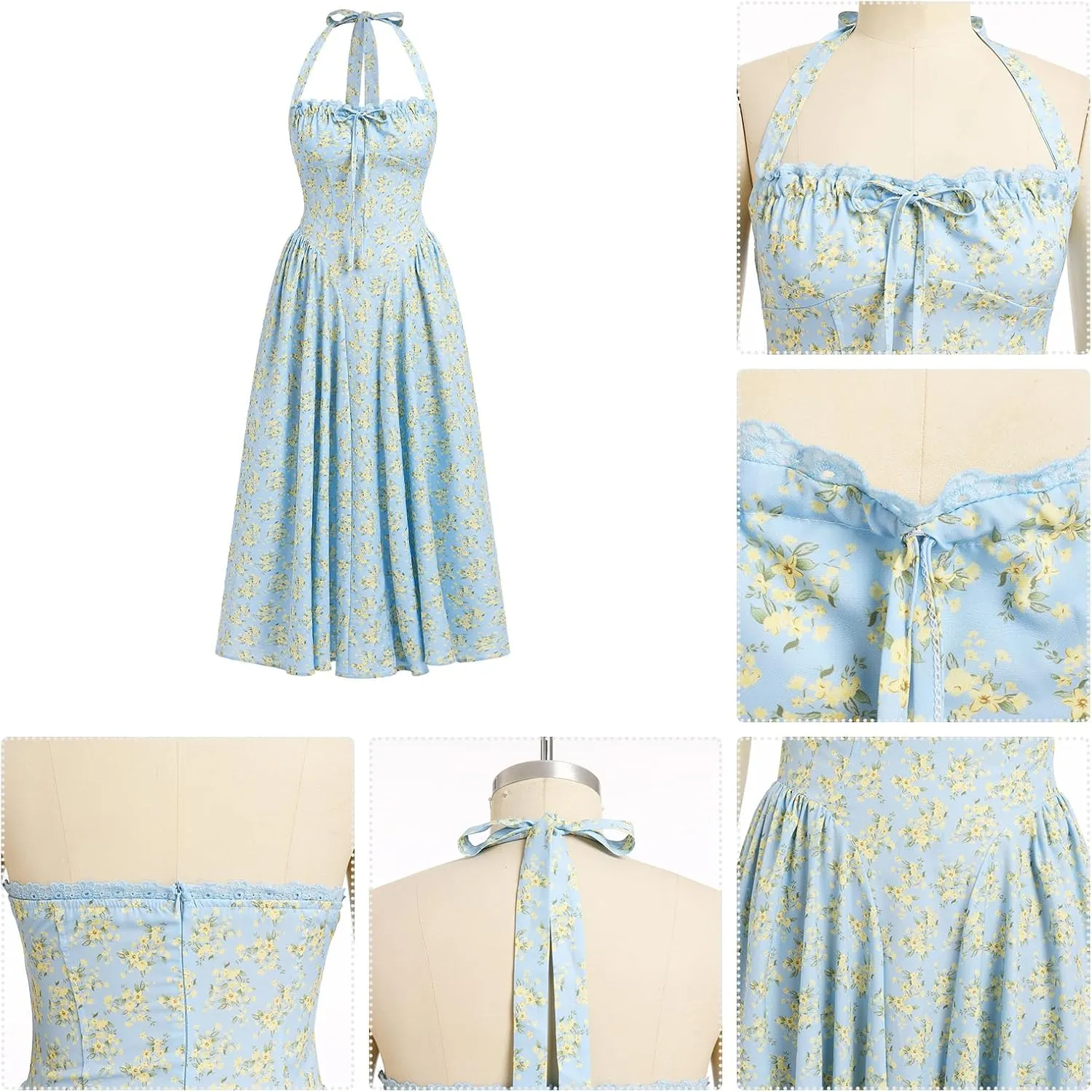Floral Corset Dress Solid Long Dress Sleeveless Halter Low Cut Dress Open Back Bustier Midi Dress Summer