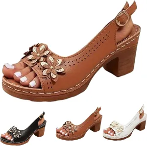 Floral Wedge Sandals,Women's Platform Chunky Heels Low Block Heeled Sandals,Floral Wedges, Casual Summer Mules