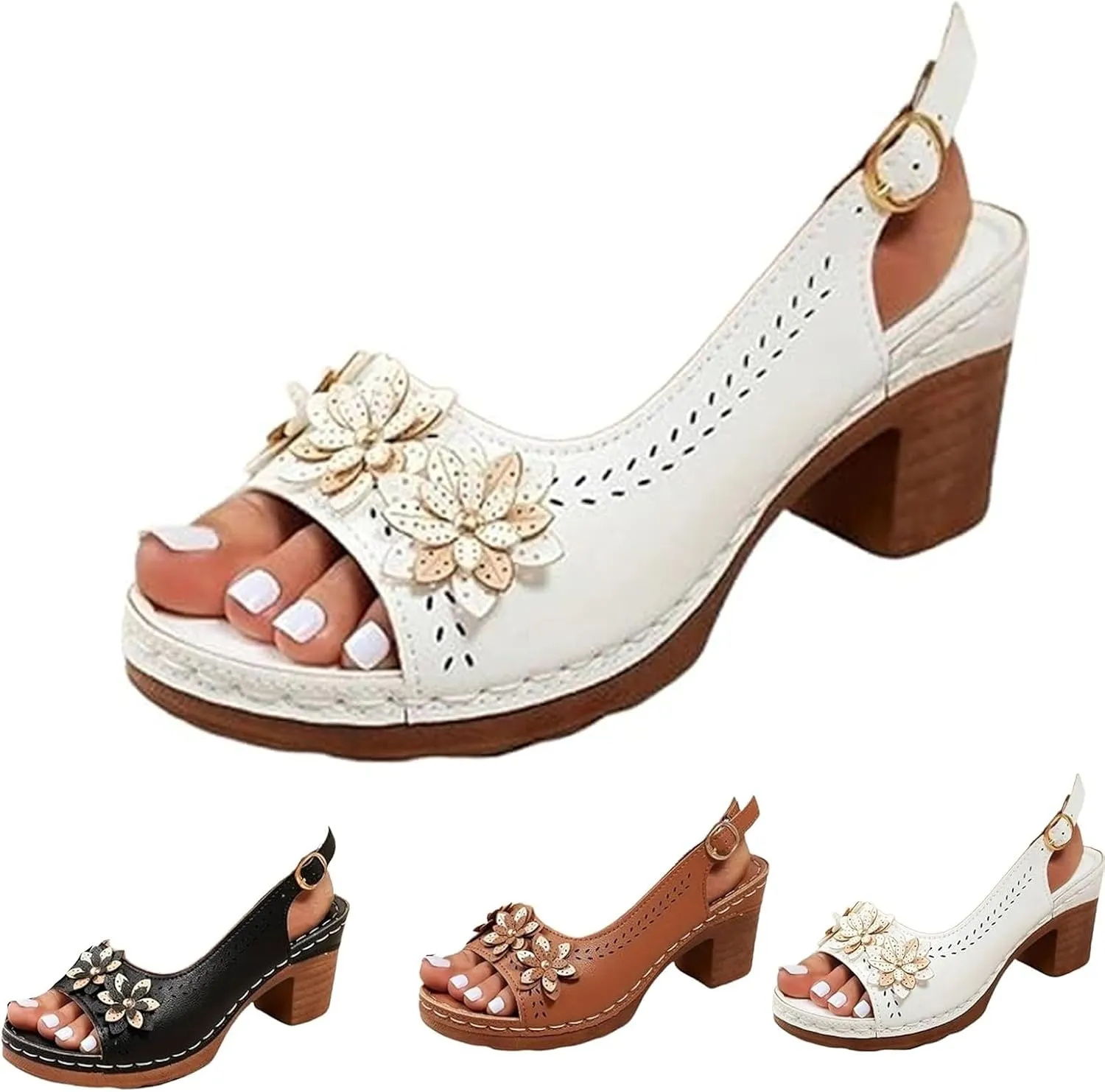 Floral Wedge Sandals,Women's Platform Chunky Heels Low Block Heeled Sandals,Floral Wedges, Casual Summer Mules