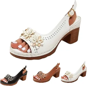 Floral Wedge Sandals,Women's Platform Chunky Heels Low Block Heeled Sandals,Floral Wedges, Casual Summer Mules