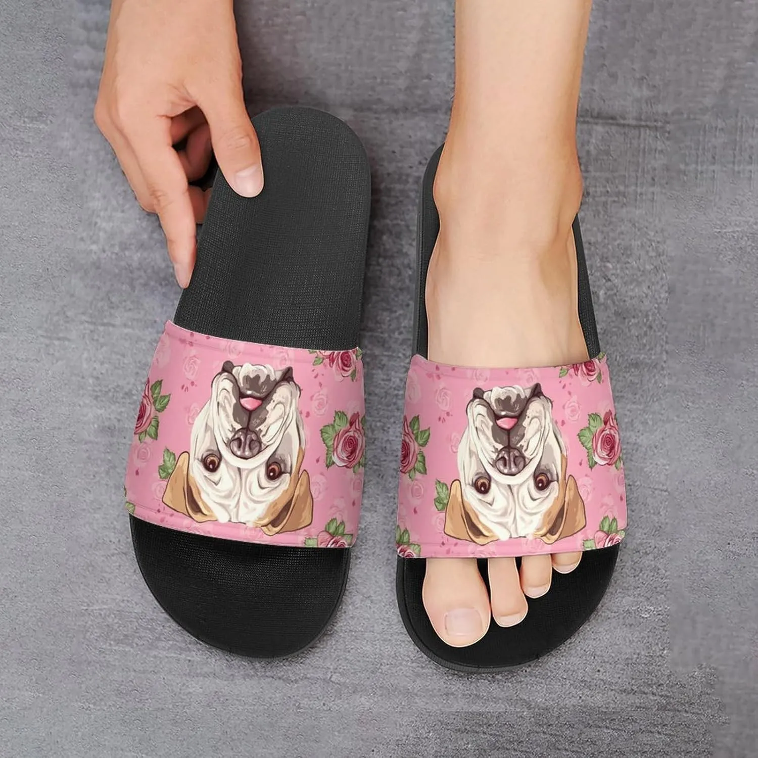 Flower Boston Bulldog House Slippers for Women And Men PVC Open Toe Non Slip Shower Slides