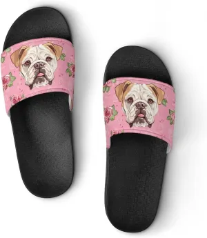 Flower Boston Bulldog House Slippers for Women And Men PVC Open Toe Non Slip Shower Slides