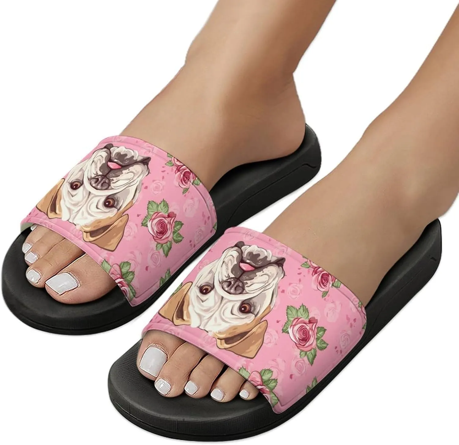 Flower Boston Bulldog House Slippers for Women And Men PVC Open Toe Non Slip Shower Slides