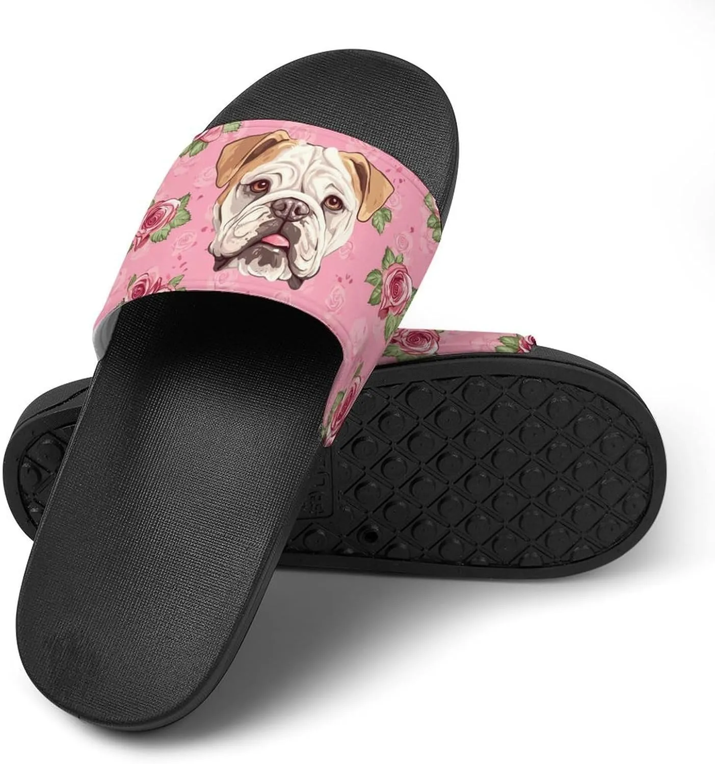 Flower Boston Bulldog House Slippers for Women And Men PVC Open Toe Non Slip Shower Slides