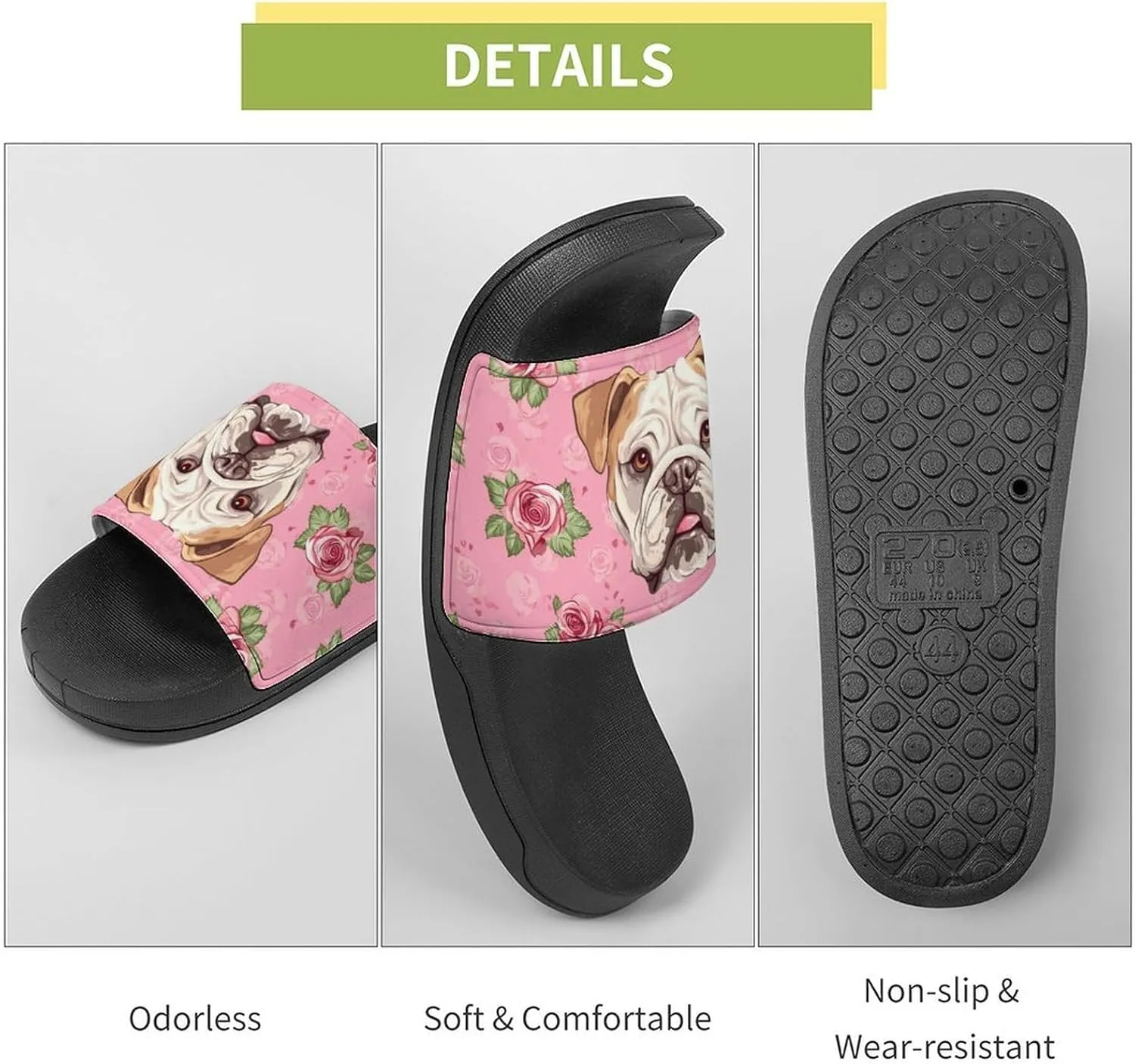 Flower Boston Bulldog House Slippers for Women And Men PVC Open Toe Non Slip Shower Slides