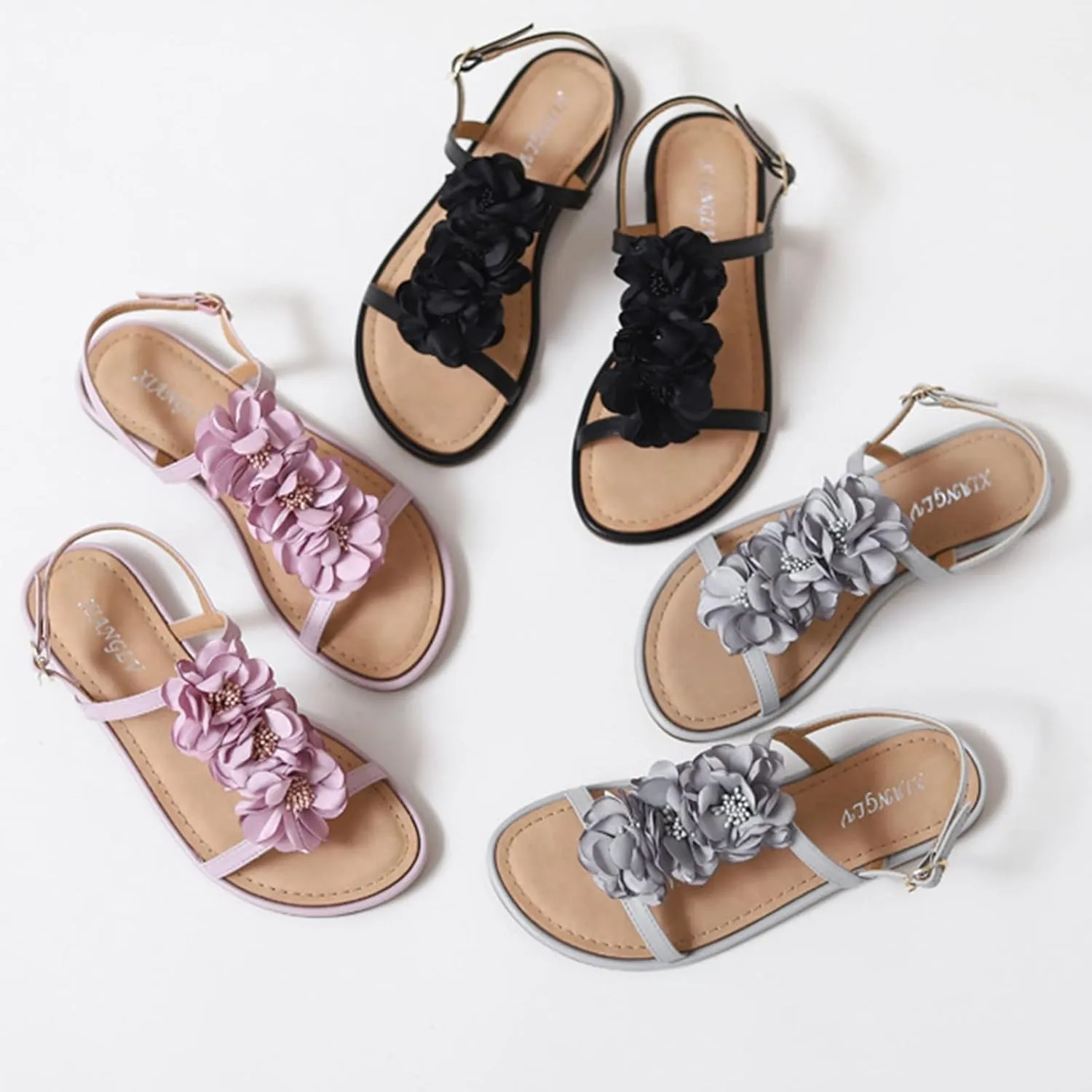 for Women Sandals Heels Ladies Shoes Fashionable Flat Casual Flower Fairy Wind Bohemian Beach Sandals (Grey, 7.5)