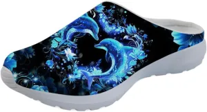 Forchrinse Blue Palm Tree Womens Slip on Clog Mule Walking Sneaker Mesh Soft Arch Support Slipper Work Nursing Shoes Lightweight