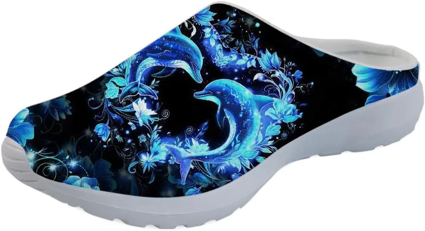 Forchrinse Blue Palm Tree Womens Slip on Clog Mule Walking Sneaker Mesh Soft Arch Support Slipper Work Nursing Shoes Lightweight