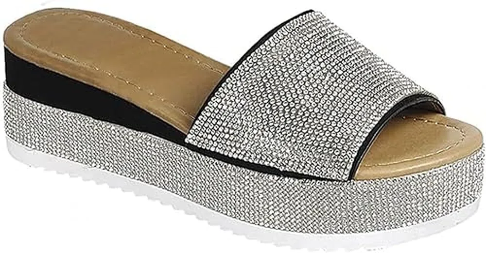 Forever Link Women Rhinestone Slip On Platform Sandals