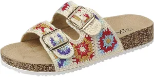 Forever Link Women's Double Buckle Floral Crochet Cork Flat Sandals