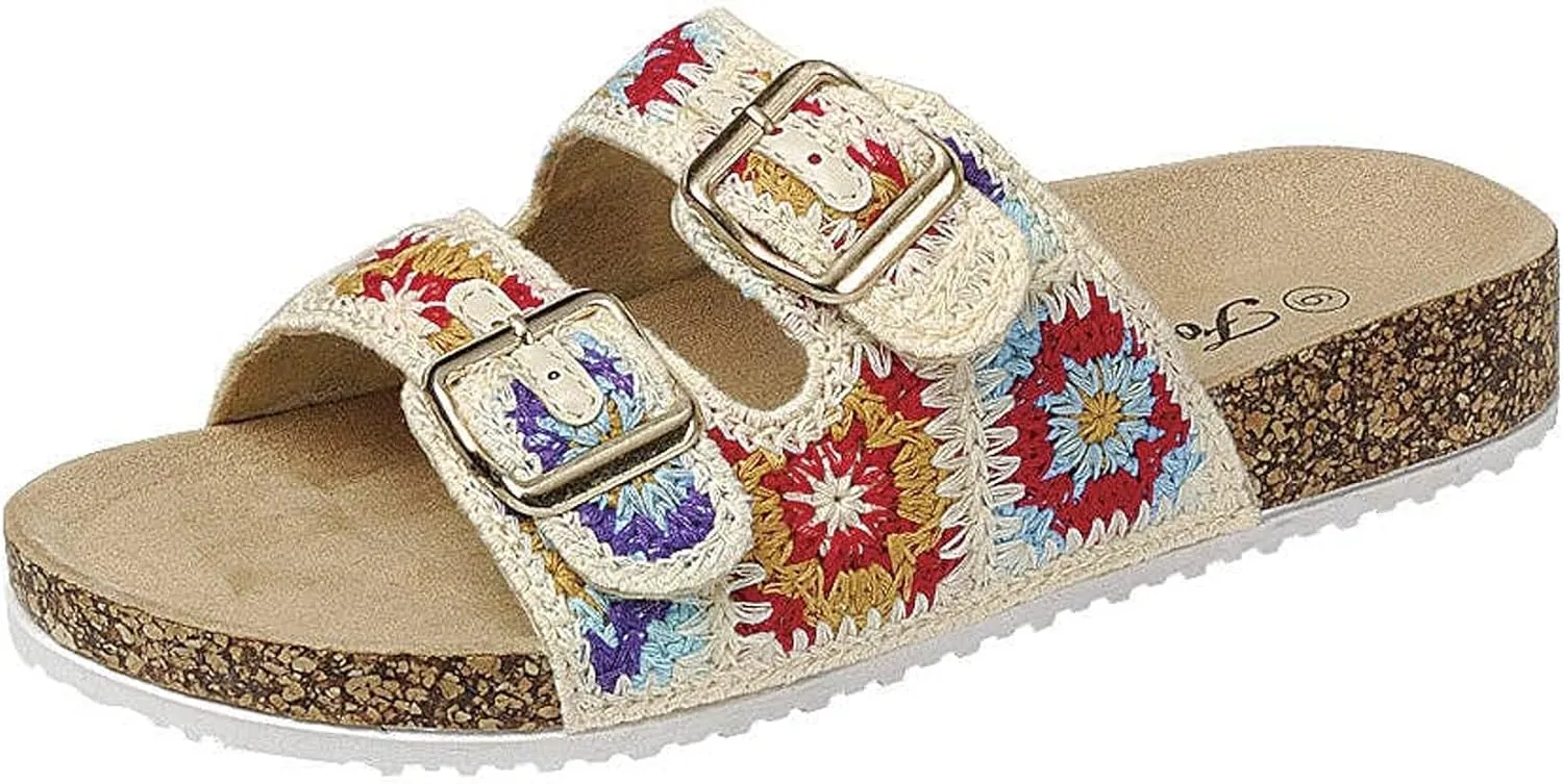 Forever Link Women's Double Buckle Floral Crochet Cork Flat Sandals