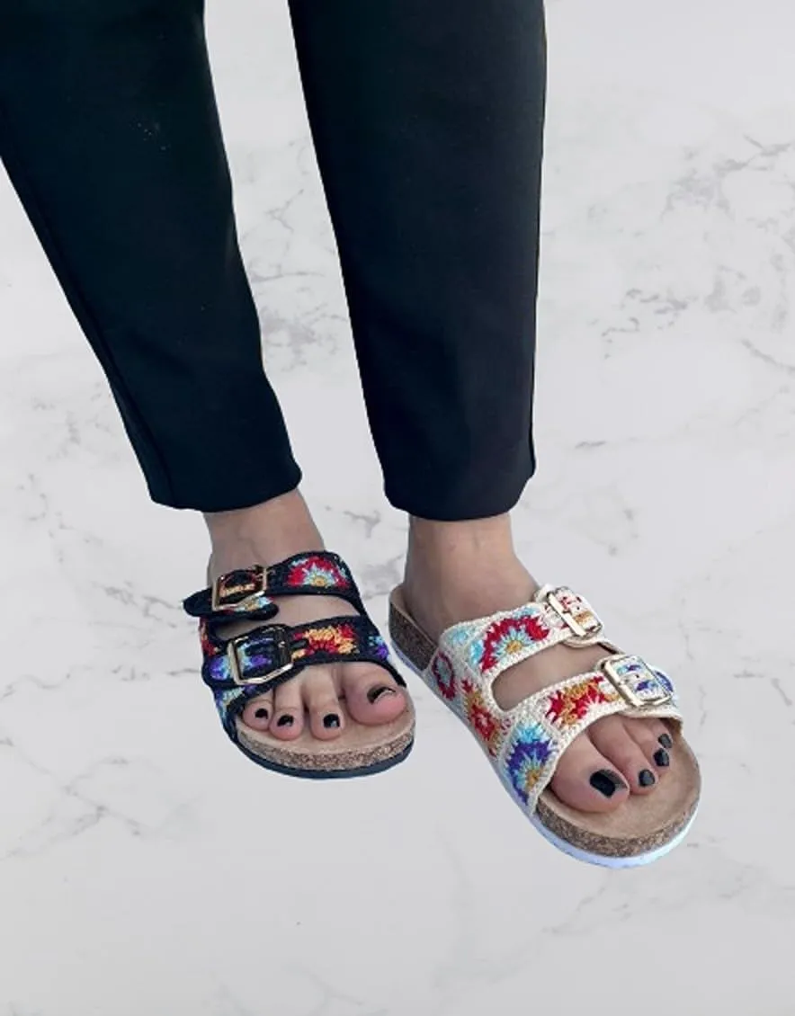Forever Link Women's Double Buckle Floral Crochet Cork Flat Sandals