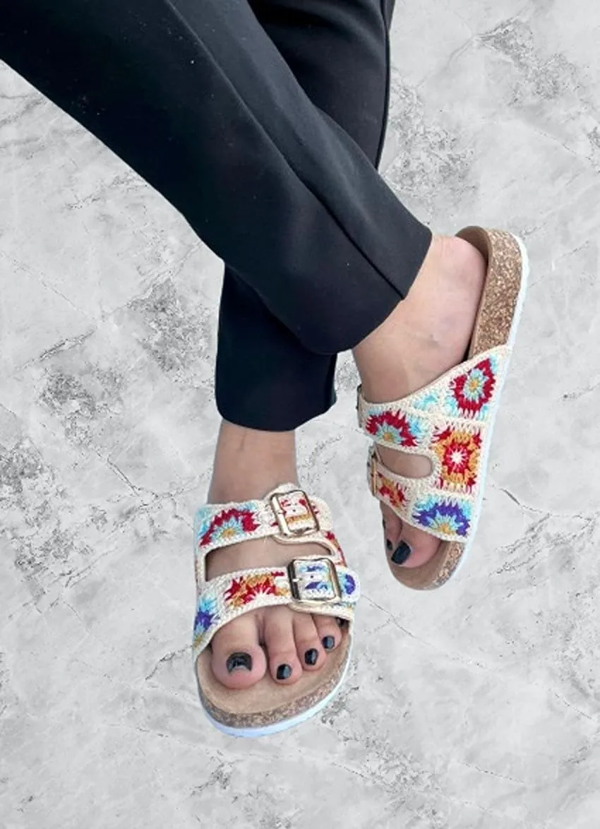 Forever Link Women's Double Buckle Floral Crochet Cork Flat Sandals