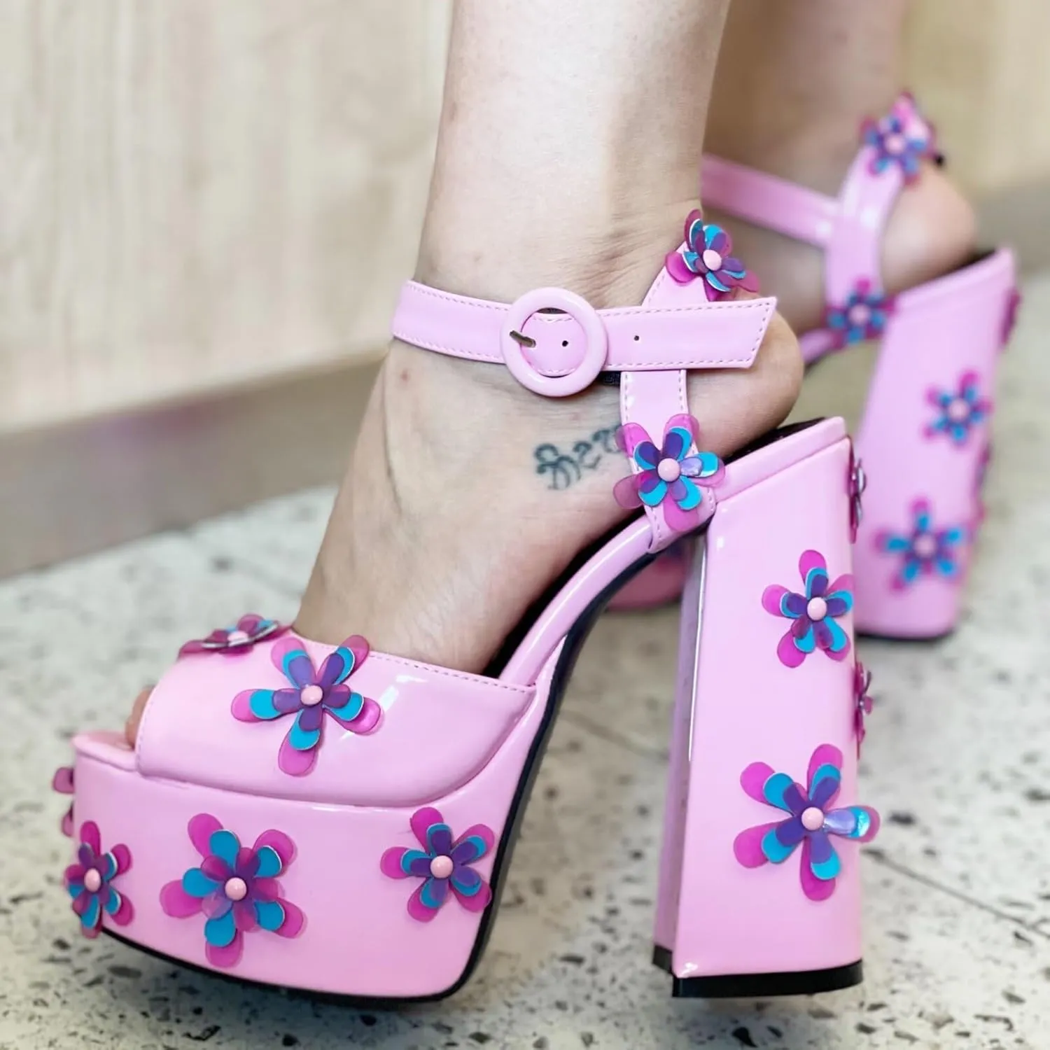 Frankie Hsu Lolita Women's Large Size Strap Buckle PVC Flower Pink Patent Leather Peep Toe Platform Chunky Heels Sandal Ankle Heeled Boots Shoes