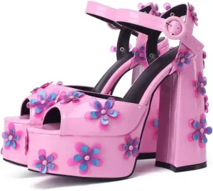 Frankie Hsu Lolita Women's Large Size Strap Buckle PVC Flower Pink Patent Leather Peep Toe Platform Chunky Heels Sandal Ankle Heeled Boots Shoes