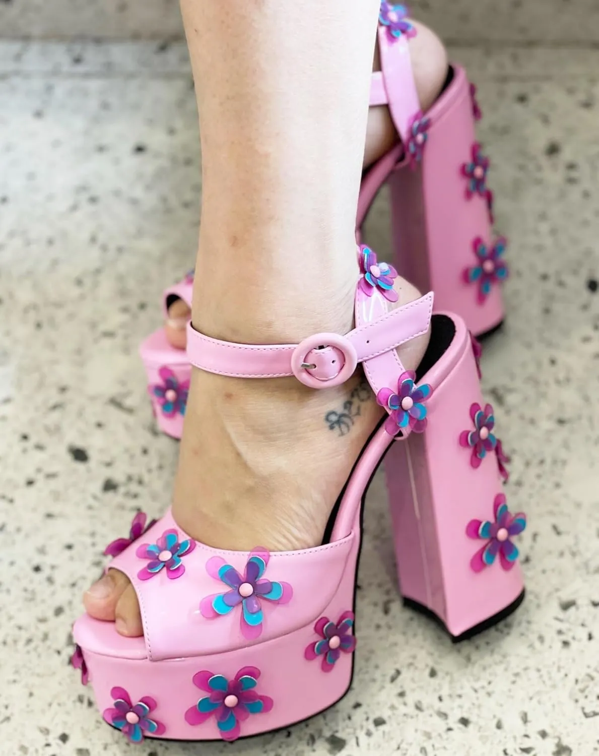 Frankie Hsu Lolita Women's Large Size Strap Buckle PVC Flower Pink Patent Leather Peep Toe Platform Chunky Heels Sandal Ankle Heeled Boots Shoes