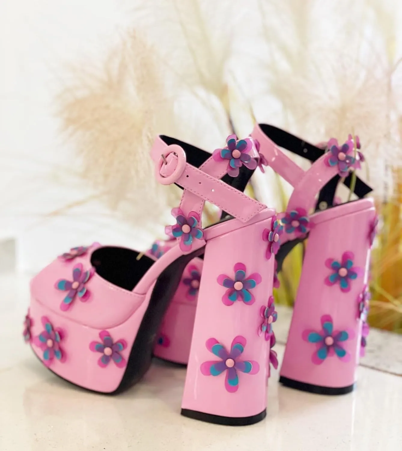 Frankie Hsu Lolita Women's Large Size Strap Buckle PVC Flower Pink Patent Leather Peep Toe Platform Chunky Heels Sandal Ankle Heeled Boots Shoes