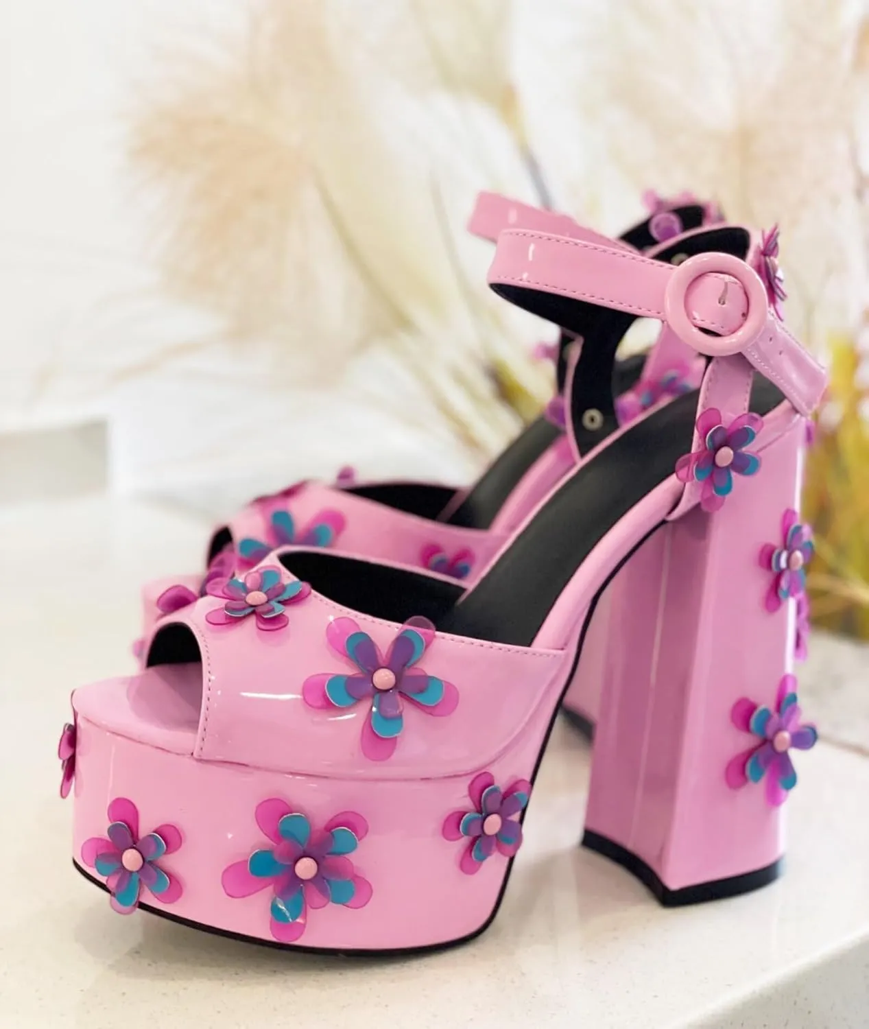 Frankie Hsu Lolita Women's Large Size Strap Buckle PVC Flower Pink Patent Leather Peep Toe Platform Chunky Heels Sandal Ankle Heeled Boots Shoes