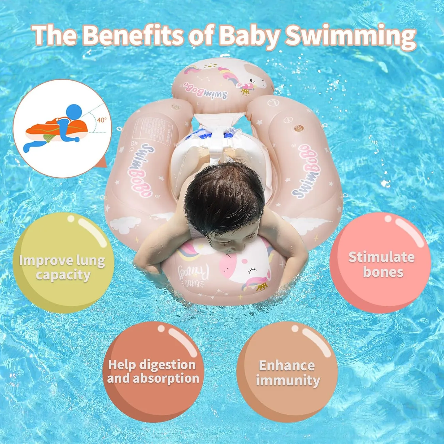 Free Swimming Baby Infant Pool Float with Sun Canopy Inflatable Baby Swimming Floatie with Sponge Safety Bottom Support Water Toys Swimming Trainer (Pink, Small)