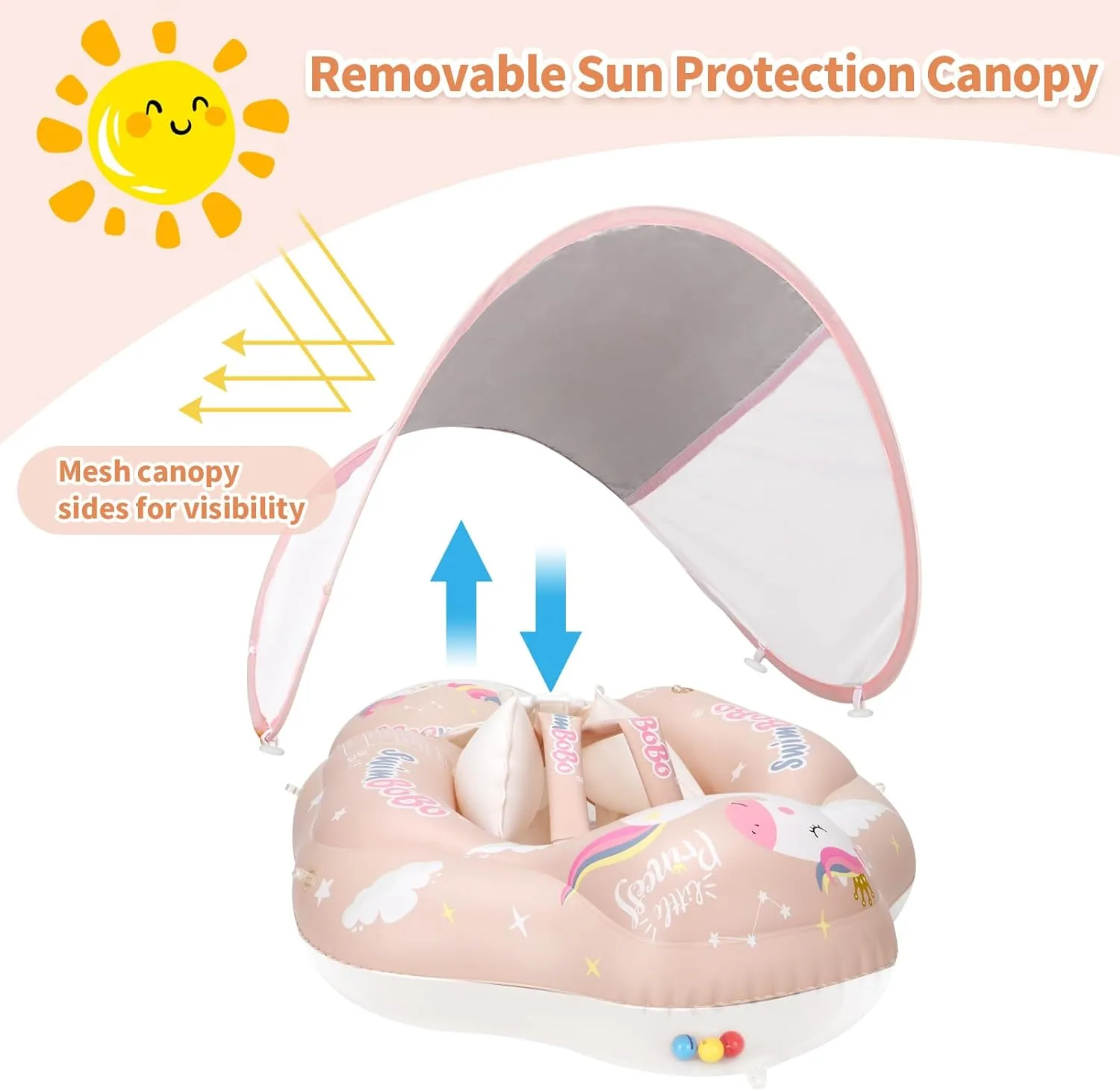 Free Swimming Baby Infant Pool Float with Sun Canopy Inflatable Baby Swimming Floatie with Sponge Safety Bottom Support Water Toys Swimming Trainer (Pink, Small)