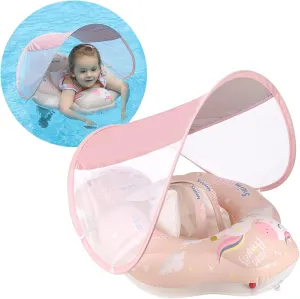Free Swimming Baby Infant Pool Float with Sun Canopy Inflatable Baby Swimming Floatie with Sponge Safety Bottom Support Water Toys Swimming Trainer (Pink, Small)