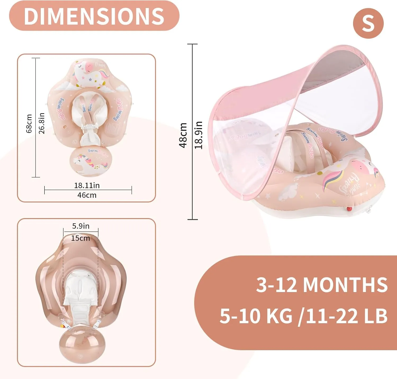 Free Swimming Baby Infant Pool Float with Sun Canopy Inflatable Baby Swimming Floatie with Sponge Safety Bottom Support Water Toys Swimming Trainer (Pink, Small)