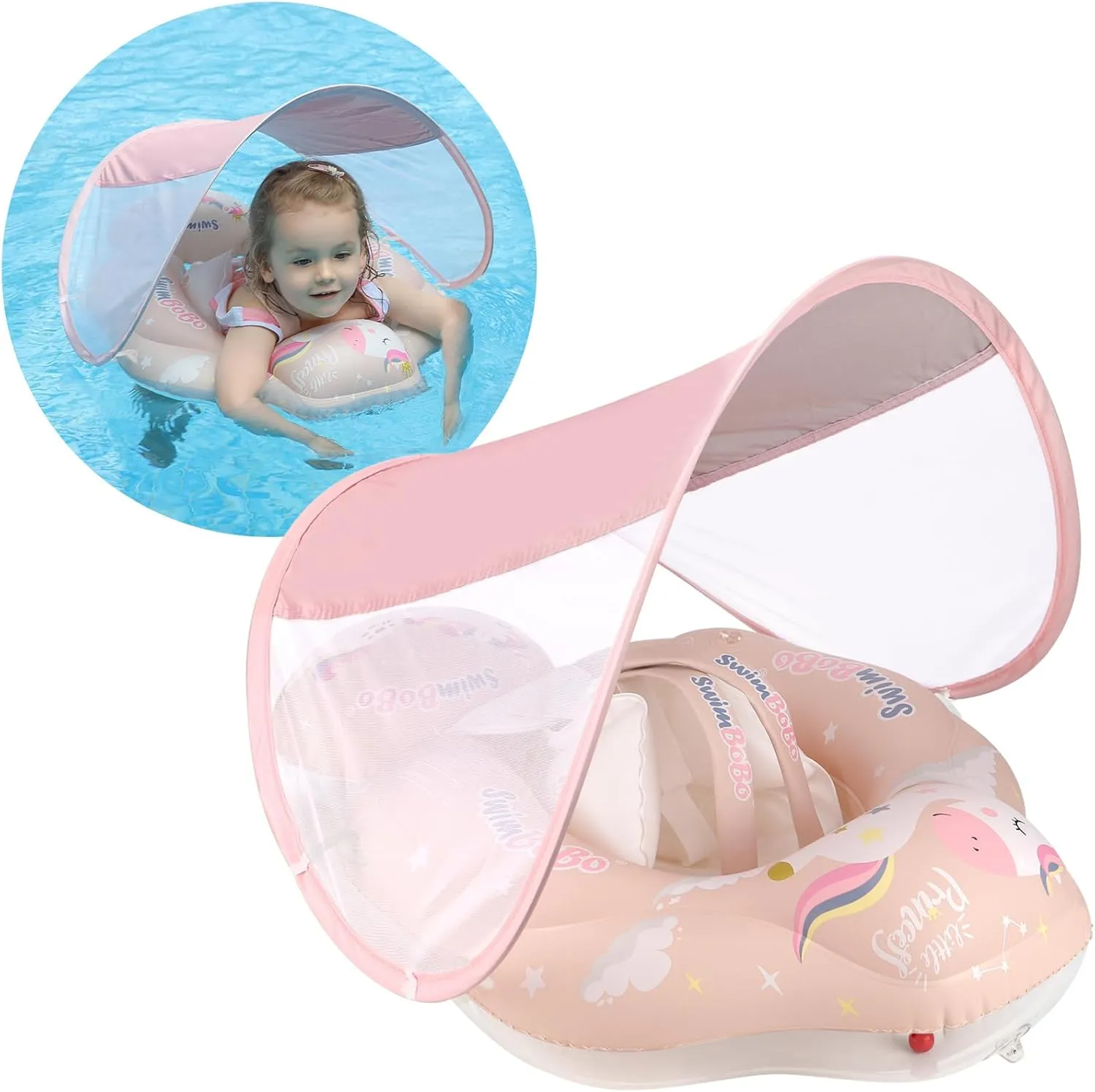 Free Swimming Baby Infant Pool Float with Sun Canopy Inflatable Baby Swimming Floatie with Sponge Safety Bottom Support Water Toys Swimming Trainer (Pink, Small)