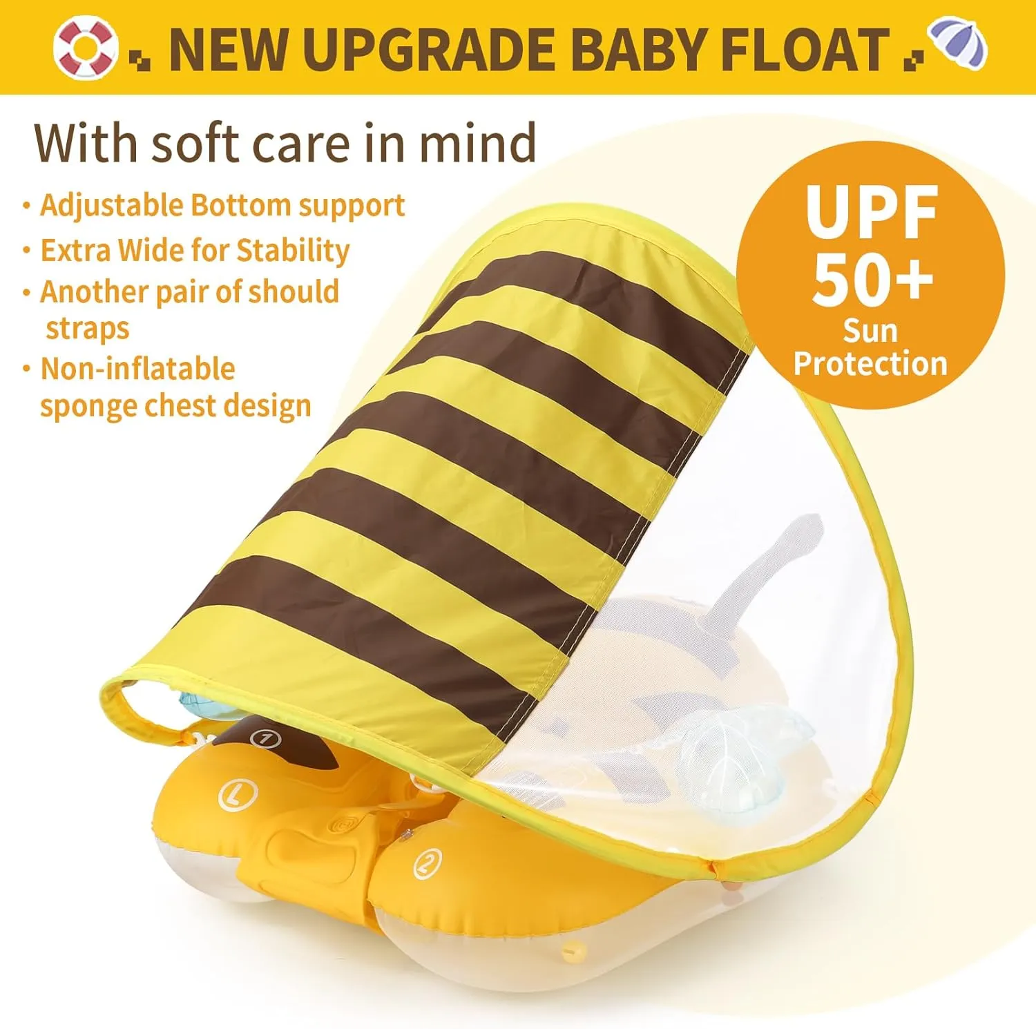Free Swimming Baby Inflatable Baby Pool Float Ring Size Improved Bumble Bee Toddler Swim Trainer for Age of 3-36 Months (Yellow, Small)