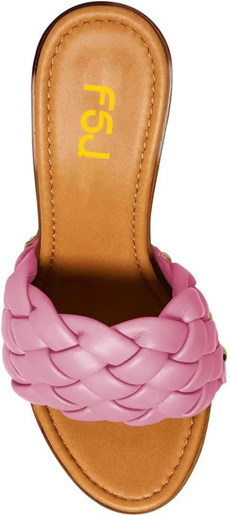 FSJ Shoes Women Braided Open Toe Chunky High Heel Sandal Woven Slip On Mule Comfortable Platform Casual Backless Dress Slide Slippers Size 4-15 US